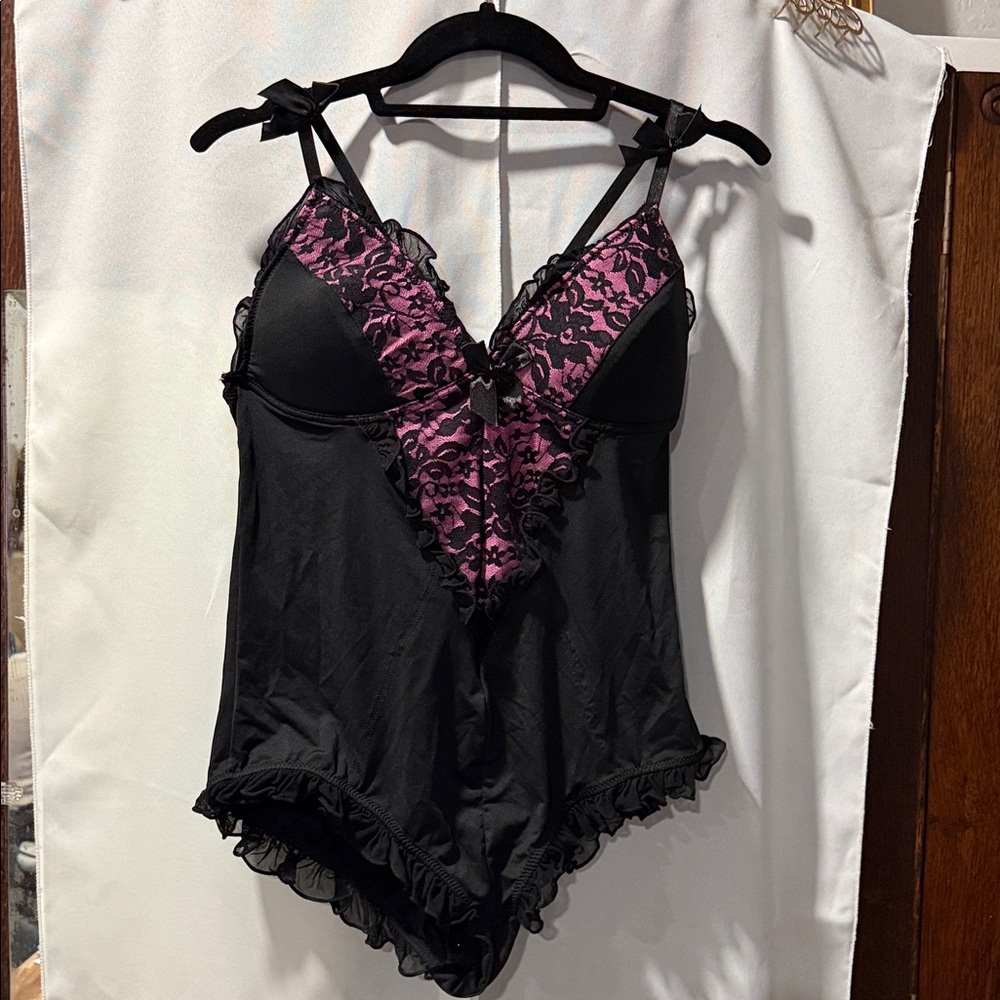 Vintage Black Teddy with Pink Lace Accents